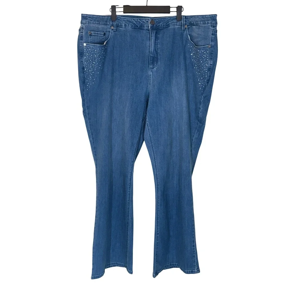 Susan Graver Jeans Women 26W Blue Embellished Bootcut‎ Denim NWT Rhinestone Soft